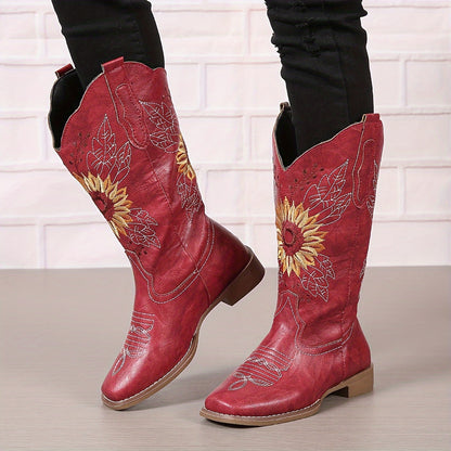Women's Embroidered Mid Calf Western Boots, Faux Leather Fashion Boots, Women's Footwear