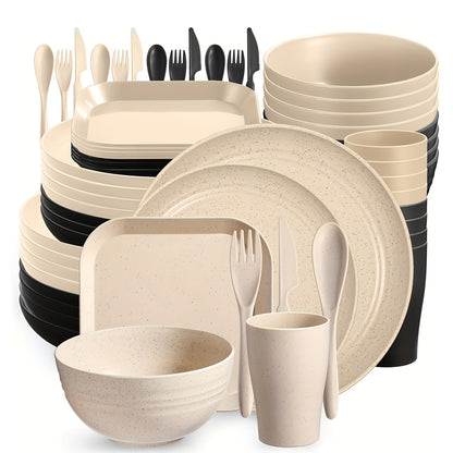 64pcs/set Wheat Straw Unbreakable Dinnerware Set - Durable, Reusable, Dishwasher Safe Tableware for Indoor/Outdoor Use - Includes Plates, Bowls, Mugs, Cutlery in Beige Color