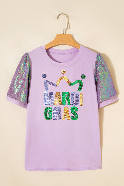 Orchid Petal Sequined MARDI GRAS Graphic Patchwork T Shirt
