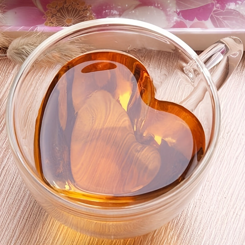 1PC 180ml Peach Heart Cup - Double Layer High Borosilicate Glass Insulated, Handle, Stamped, Whiskey Vodka Juice Water Tea Mug, Perfect for Valentine's Day, Wedding, Anniversary Gift, Summer Winter Drinkware