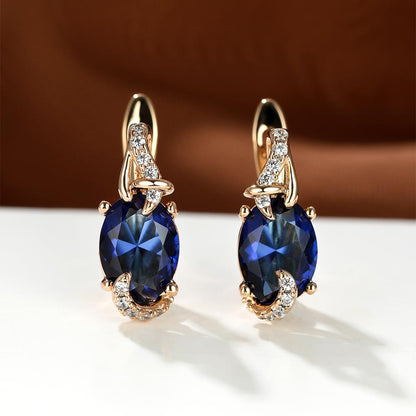 Women's 18K Gold Plated Blue Stone Stud Earrings - Elegant Round Oval Cut, Synthetic Cubic Zirconia, Copper Ear Needle - All-Season Jewelry | Trendy Design | Durable Plating