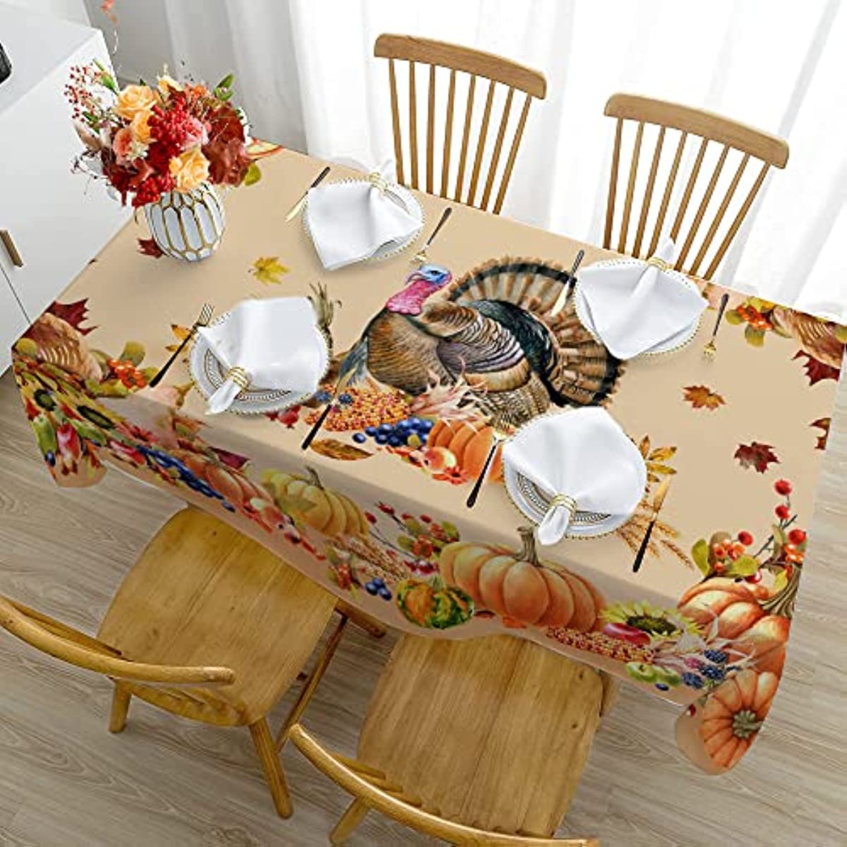 1pc Premium Thanksgiving Tablecloth - Vibrant Turkey & Pumpkin Pattern - Waterproof Oilproof, Washable - Rectangular Kitchen Dining Decor for Unforgettable Harvest Parties