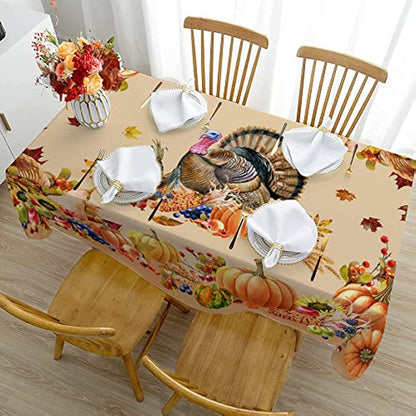 1pc Premium Thanksgiving Tablecloth - Vibrant Turkey & Pumpkin Pattern - Waterproof Oilproof, Washable - Rectangular Kitchen Dining Decor for Unforgettable Harvest Parties