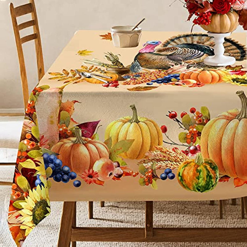 1pc Premium Thanksgiving Tablecloth - Vibrant Turkey & Pumpkin Pattern - Waterproof Oilproof, Washable - Rectangular Kitchen Dining Decor for Unforgettable Harvest Parties