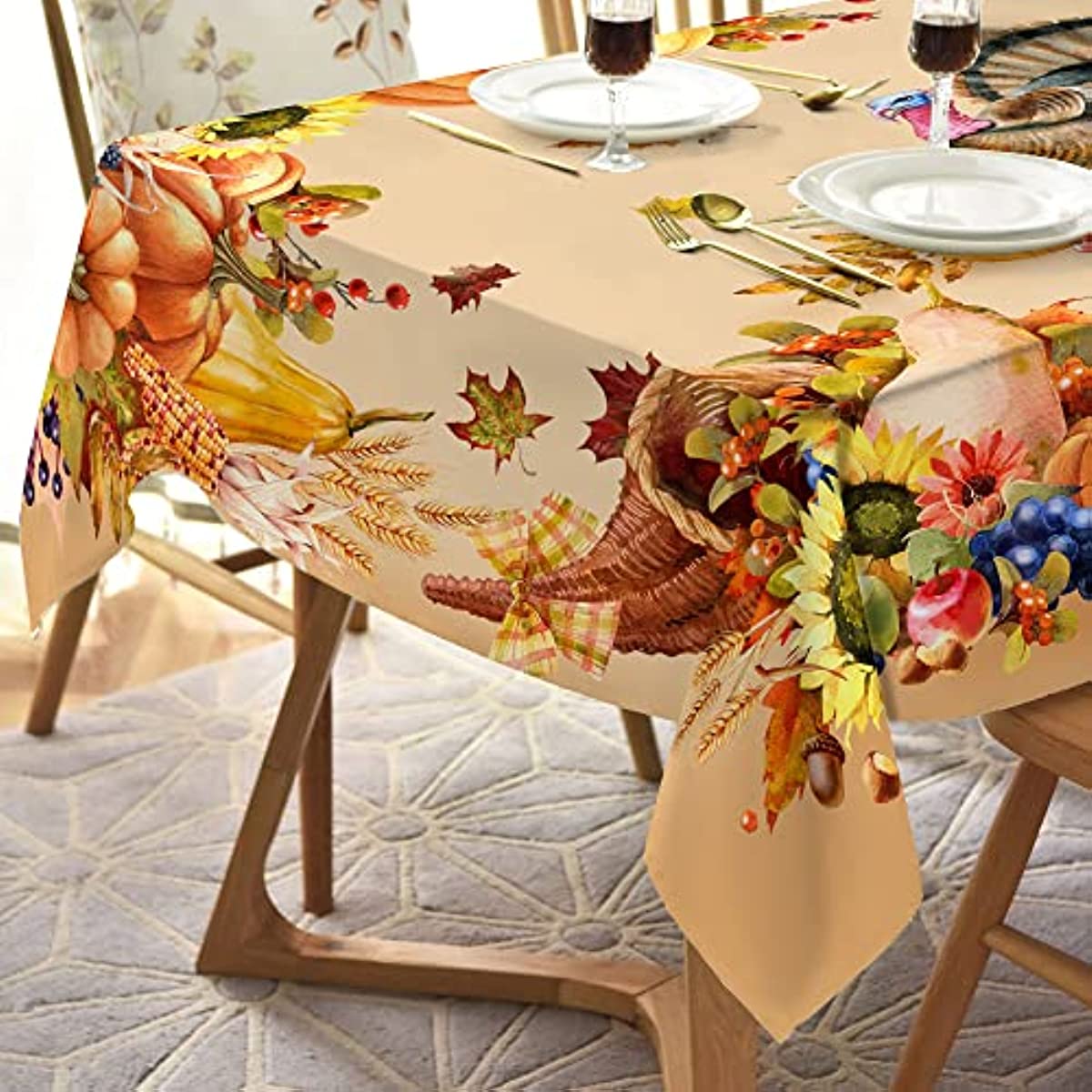 1pc Premium Thanksgiving Tablecloth - Vibrant Turkey & Pumpkin Pattern - Waterproof Oilproof, Washable - Rectangular Kitchen Dining Decor for Unforgettable Harvest Parties