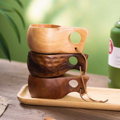 Handmade Wooden Milk Cup Acacia Wood Coffee Mugs with Carrying Rope Handle Camping Drinkware Cups Artifact Kitchen Tools