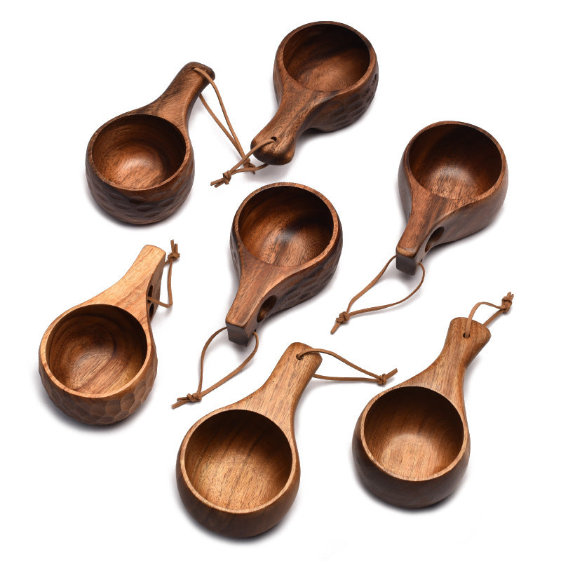 Handmade Wooden Milk Cup Acacia Wood Coffee Mugs with Carrying Rope Handle Camping Drinkware Cups Artifact Kitchen Tools