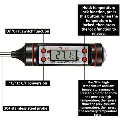 1pc Instant Read Digital Meat Thermometer with Probe - Stainless Steel, LCD Display, -200°C to 550°C Range - Perfect for BBQ, Cooking, Grilling, and Candy Making