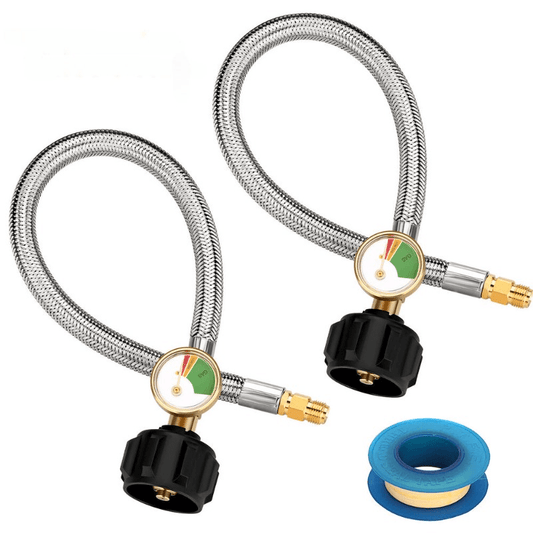 2 Pack, RV Propane Hose With Gauge, 15 Inch Stainless Steel Propane Pigtail Connects Propane Cylinder To 2 Stage Propane Regulator Or Appliance With 1/4 Inch Inverted Male Flare, BBQ Accessories, Grill Accessories