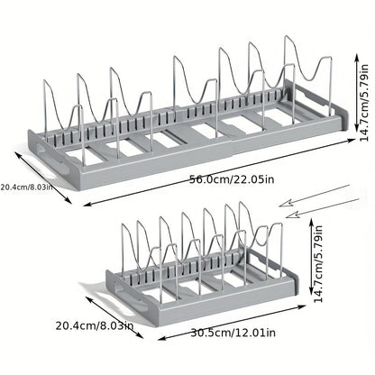 [1pc Adjustable Pot Organizer Rack] 1pc Expandable Stainless Steel Pot Organizer Rack with Adjustable Dividers, Uncharged Multi-Purpose Kitchen Cabinet Cookware Storage Solution for Pots and Pans Organization