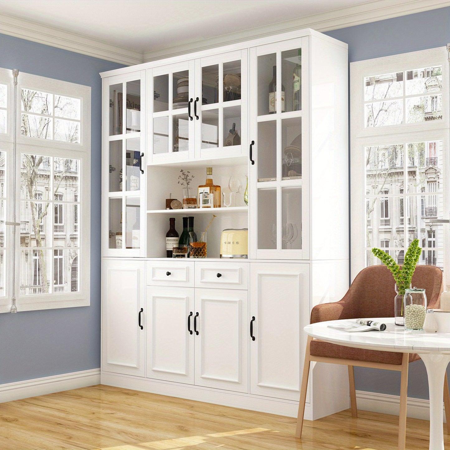 1pc Large Kitchen Hutch Storage Cabinet Sideboard With Hutch & Glass Doors, Pantry Cabinet And Kitchen Storage, Drawers & Shelves And Doors, For Hallway White (63''W X 15.7''D X 78.7''H)