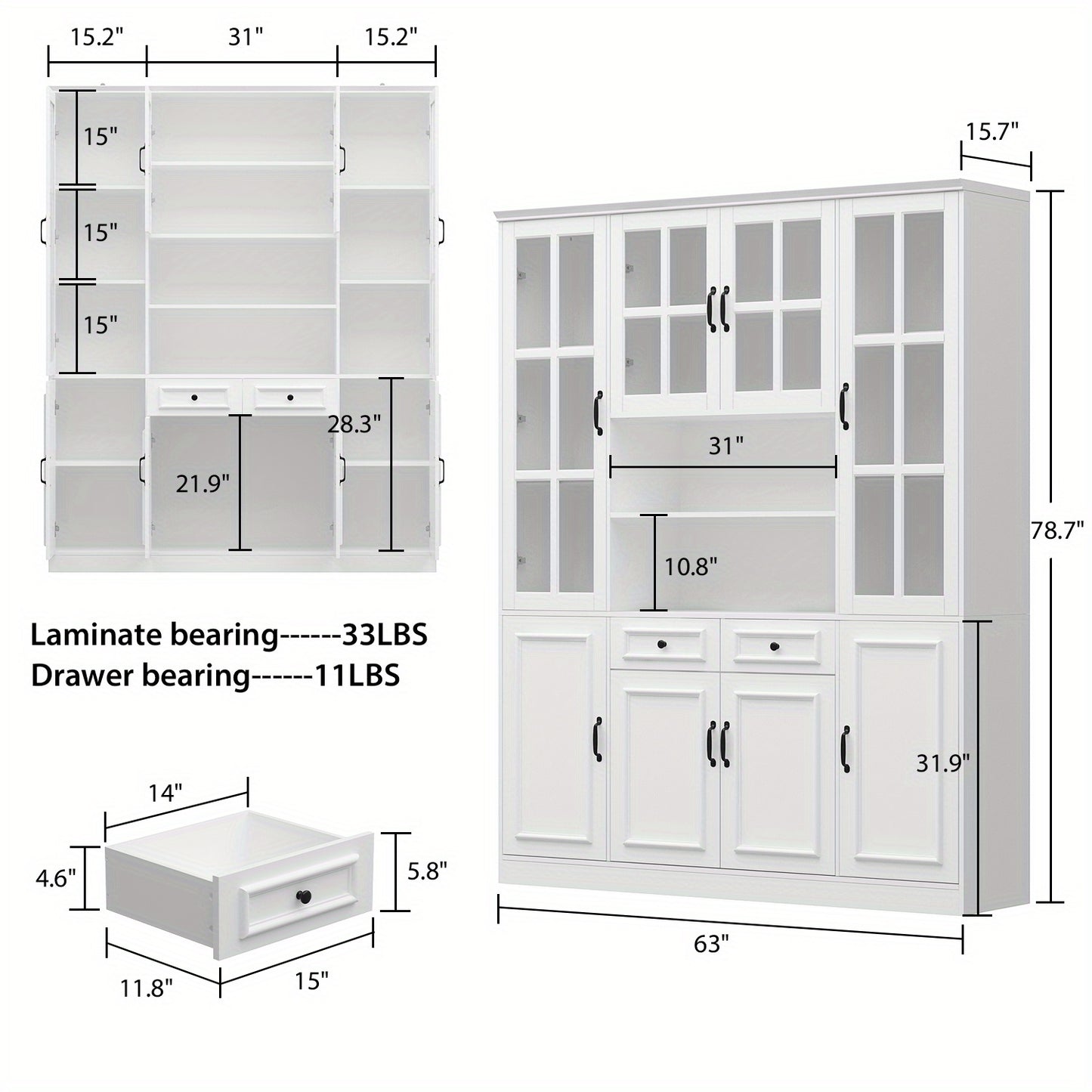1pc Large Kitchen Hutch Storage Cabinet Sideboard With Hutch & Glass Doors, Pantry Cabinet And Kitchen Storage, Drawers & Shelves And Doors, For Hallway White (63''W X 15.7''D X 78.7''H)