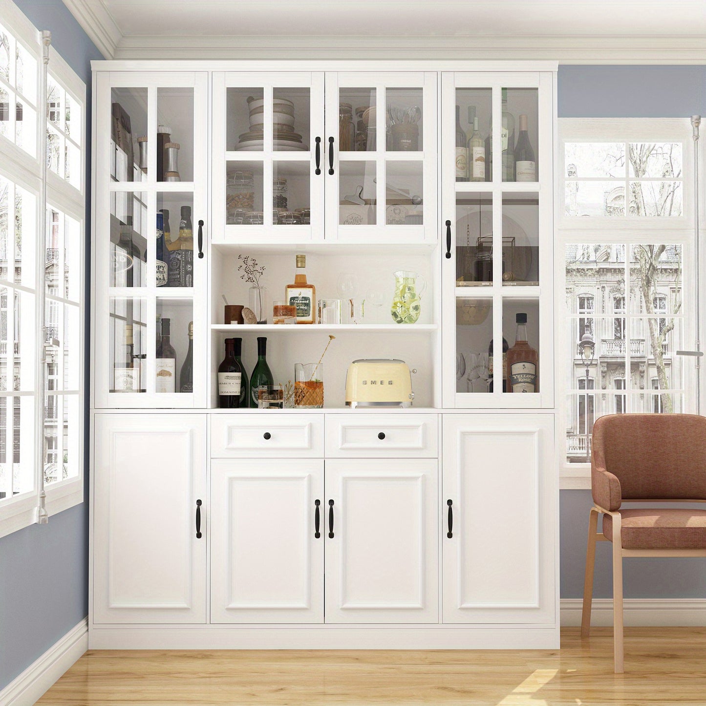 1pc Large Kitchen Hutch Storage Cabinet Sideboard With Hutch & Glass Doors, Pantry Cabinet And Kitchen Storage, Drawers & Shelves And Doors, For Hallway White (63''W X 15.7''D X 78.7''H)