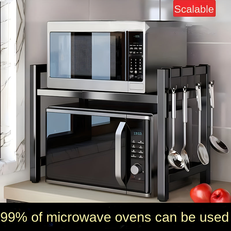 Expandable Over-The-Microwave Shelf, Heavy Duty Carbon Steel Kitchen Storage Rack with 6 Hooks, Sturdy Countertop Organizer for Microwave Oven, Utensils, Spices