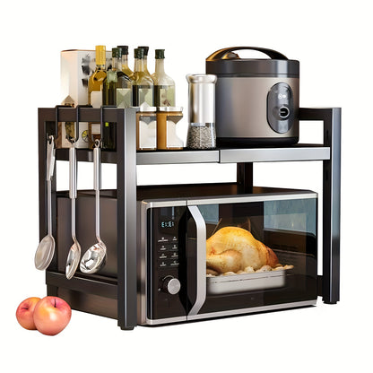 Expandable Over-The-Microwave Shelf, Heavy Duty Carbon Steel Kitchen Storage Rack with 6 Hooks, Sturdy Countertop Organizer for Microwave Oven, Utensils, Spices