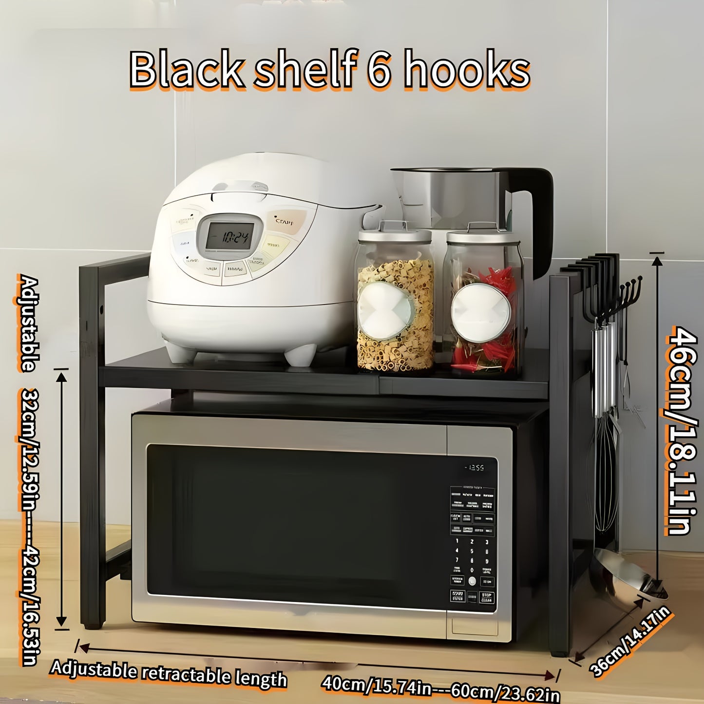 Expandable Over-The-Microwave Shelf, Heavy Duty Carbon Steel Kitchen Storage Rack with 6 Hooks, Sturdy Countertop Organizer for Microwave Oven, Utensils, Spices