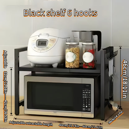 Expandable Over-The-Microwave Shelf, Heavy Duty Carbon Steel Kitchen Storage Rack with 6 Hooks, Sturdy Countertop Organizer for Microwave Oven, Utensils, Spices