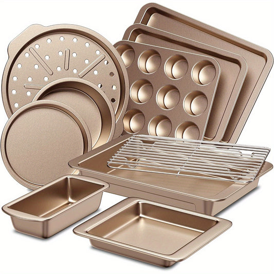 HONGBAKE Bakeware Sets, Baking Pans Set, Nonstick Oven Pan For Kitchen With Wider Grips, 10-Piece Including Rack, Cookie Sheet, Cake Pans, Loaf Pan, Muffin Pan, Pizza Pan