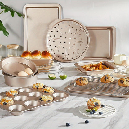HONGBAKE Bakeware Sets, Baking Pans Set, Nonstick Oven Pan For Kitchen With Wider Grips, 10-Piece Including Rack, Cookie Sheet, Cake Pans, Loaf Pan, Muffin Pan, Pizza Pan