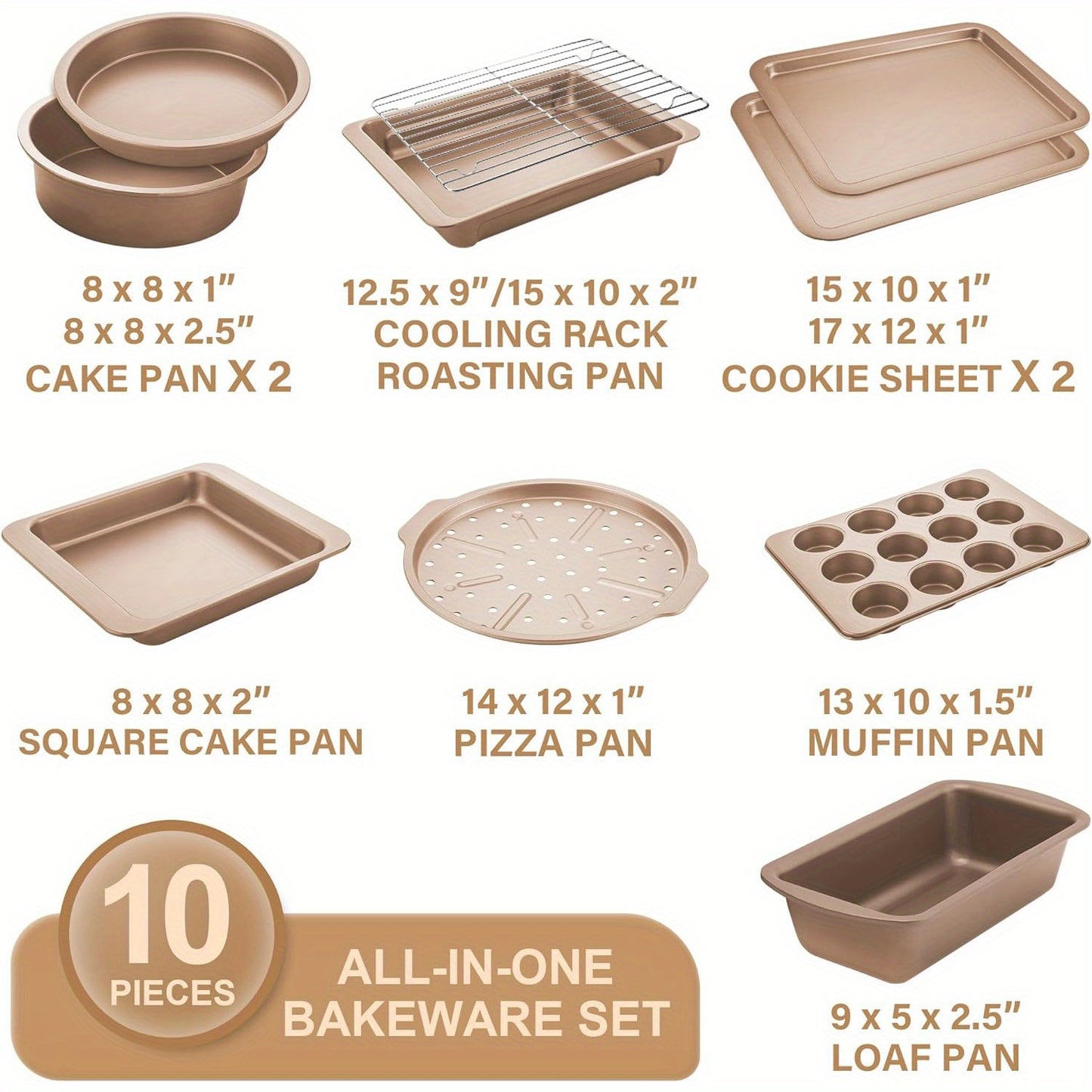 HONGBAKE Bakeware Sets, Baking Pans Set, Nonstick Oven Pan For Kitchen With Wider Grips, 10-Piece Including Rack, Cookie Sheet, Cake Pans, Loaf Pan, Muffin Pan, Pizza Pan