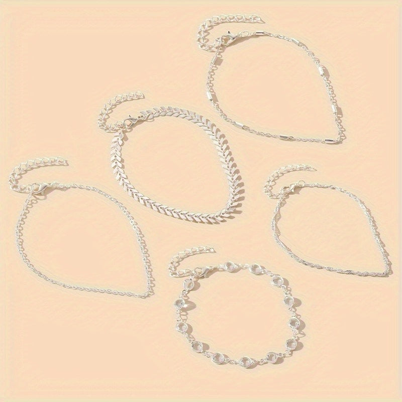 5-Piece Cubic Zirconia Minimalist Fashion Beach Party Anklets with Beautiful Accents, Stylish Vacation & Simple Design Foot Jewelry, Creative Gift for Women