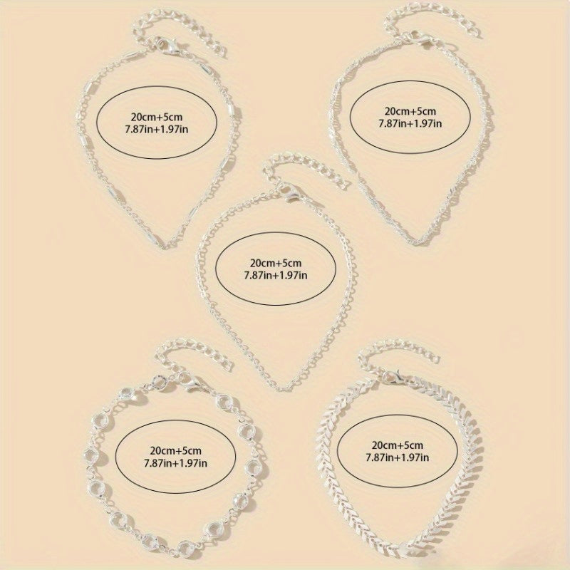 5-Piece Cubic Zirconia Minimalist Fashion Beach Party Anklets with Beautiful Accents, Stylish Vacation & Simple Design Foot Jewelry, Creative Gift for Women