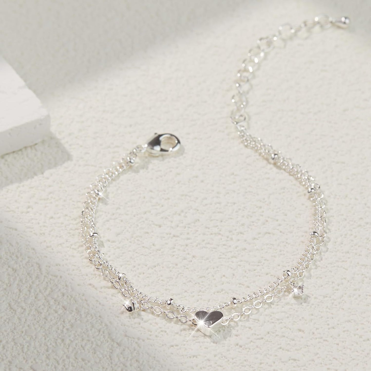 Sterling Silver Anklet Bracelets for Women Waterproof, 925 Sliver Plated CZ &amp; Heart Charm Dainty Layer Anklets for Women Trendy, Simple Chain Anklets Set Gifts for Teen Girl, Jewelry Gifts for Her Women Mom Wife Girlfrien