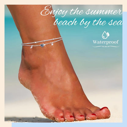 Sterling Silver Anklet Bracelets for Women Waterproof, 925 Sliver Plated CZ &amp; Heart Charm Dainty Layer Anklets for Women Trendy, Simple Chain Anklets Set Gifts for Teen Girl, Jewelry Gifts for Her Women Mom Wife Girlfrien