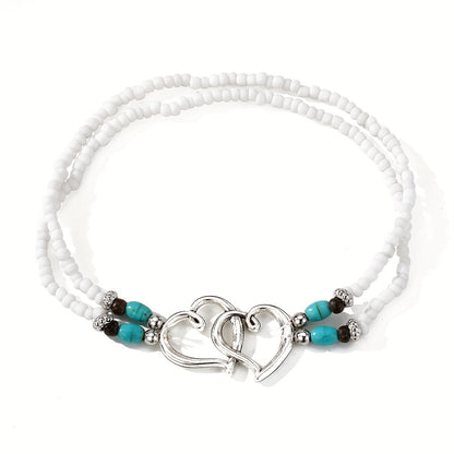 3 Pcs Shimmering Heartfelt Multicolor Beaded Anklet Set - Fashion Delicate Hollow Double Heart Design With Mini Seed Beads, Adjustable Elastic Boho Chic Anklets, Women Anklets, Surf Anklet, A Charm For Everyday Wear And Vacat