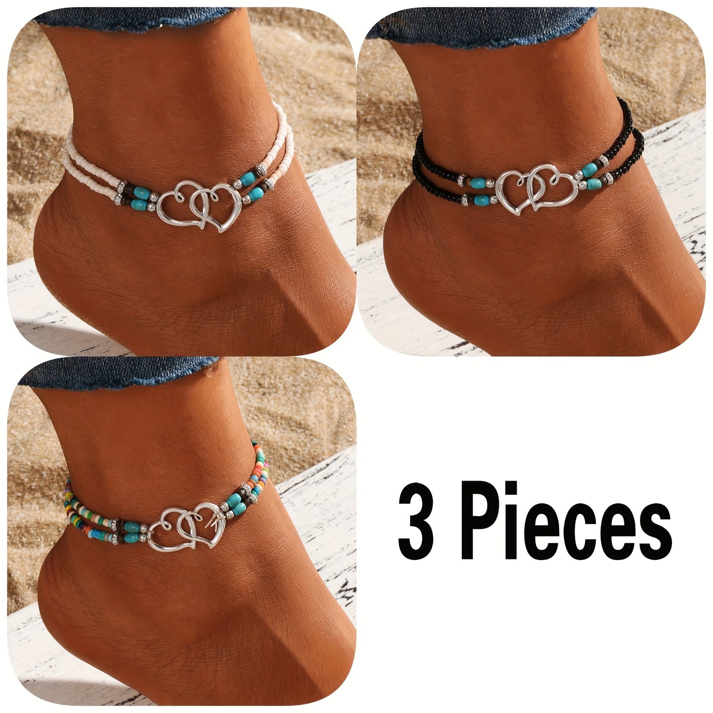 3 Pcs Shimmering Heartfelt Multicolor Beaded Anklet Set - Fashion Delicate Hollow Double Heart Design With Mini Seed Beads, Adjustable Elastic Boho Chic Anklets, Women Anklets, Surf Anklet, A Charm For Everyday Wear And Vacat