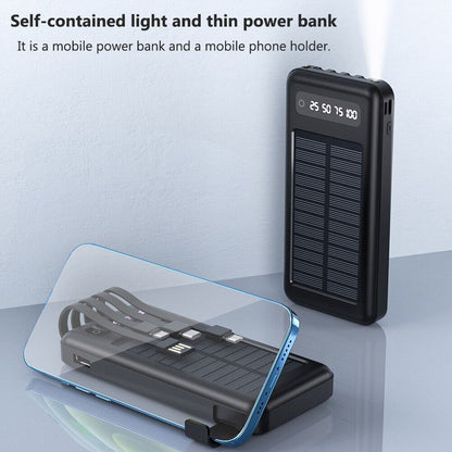 10000mAh Solar Power Bank - Portable Power Banks with 4 Cables for Universal Compatibility and On-The-Go Charging