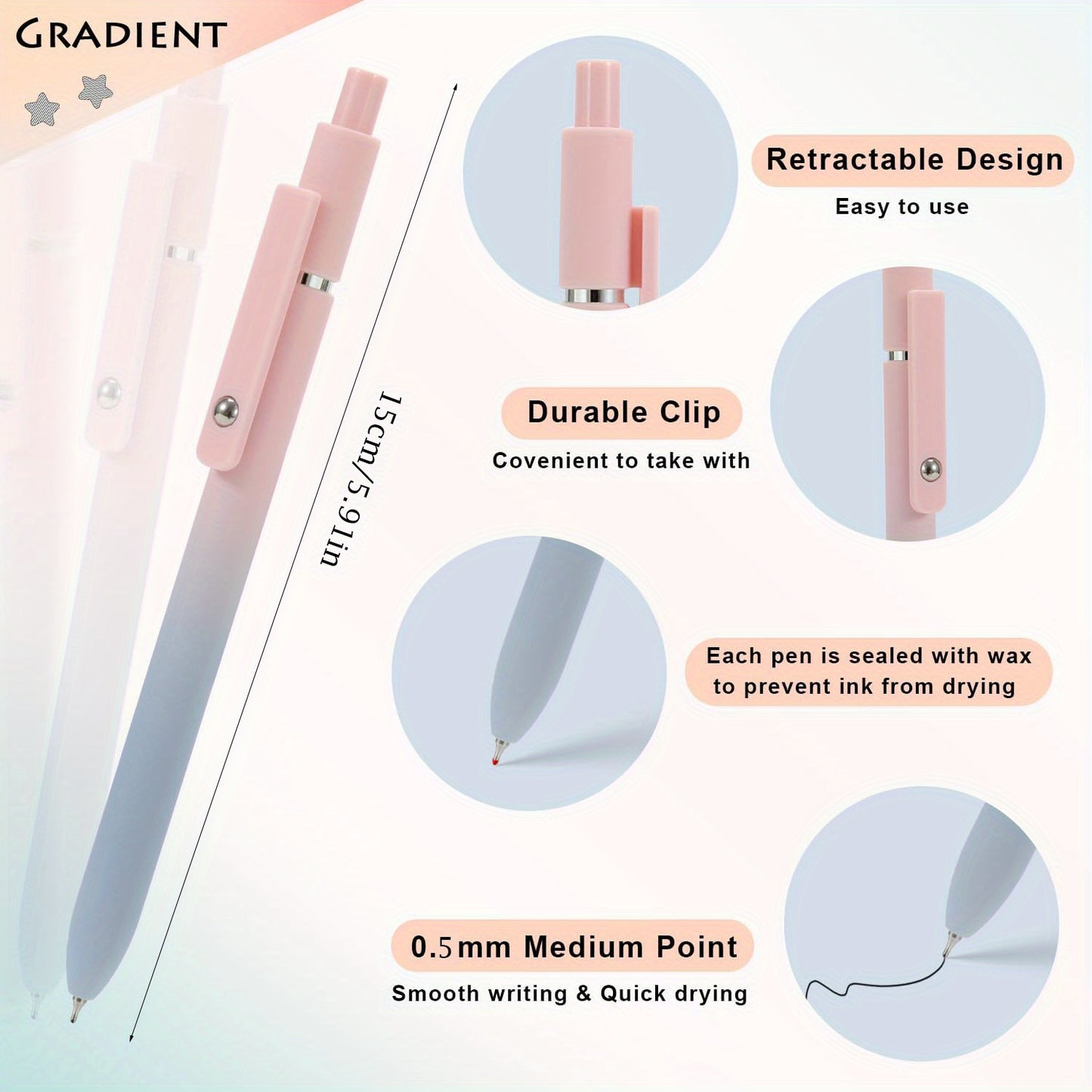 5-Pack Gel Ink Ballpoint Pens: Medium Point (0.5mm), Soft Silicone Barrel, Durable Clip, Retractable Design, Quick-Drying, Sleek Aesthetic Writing Instruments for Office & School Supplies, Journaling, Gifts for Teens & Adults