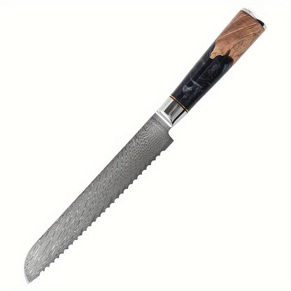 Damascus Steel Black Resin Handle Kitchen Knives. Chef's Knife, Bread Knife, Meat Cutter, Multipurpose Knife, Paring Knife, Paring Knife. Light And Easy To Use, Easy To Clean, Simple And Generous. Good Kitchen Help