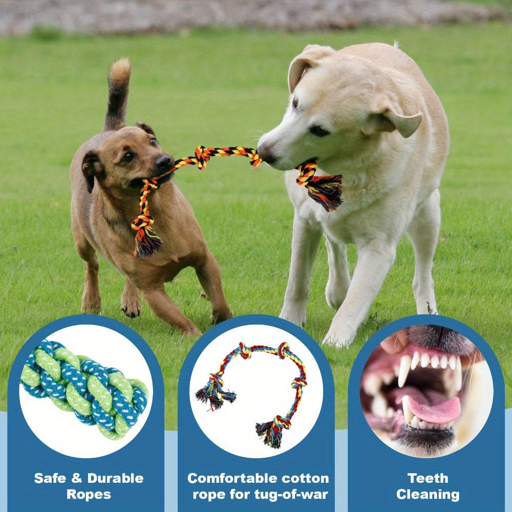 9pcs DOG LEASH TOY SET - Wear-resistant and bite-resistant pet toys - Suitable for small and medium-sized dogs - Machine washable and safe High-Quality material - Includes teething leash, tensile ring, interactive toys