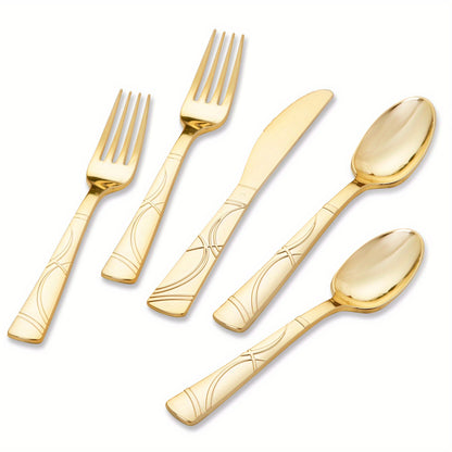 75 Pcs Golden Silverware - Golden Cutlery Set - Disposable Flatware Dinnerware Includes 25 Golden Forks, 25 Golden Spoons, 25 Golden Knives Utensils For Party, Birthday, Wedding, Reuse After Washing Hands