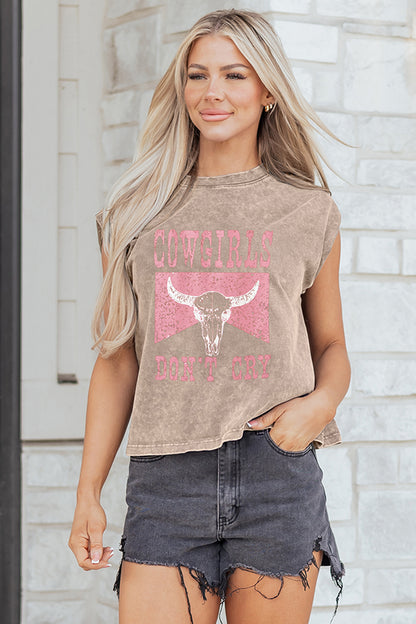 Smoke Gray COWGIRLS DONT CRY Western Graphic Mineral Wash Tank Top