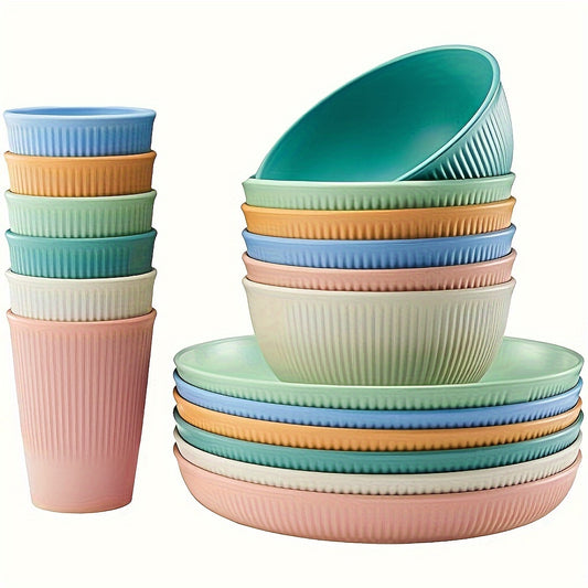 18/6pcs Unbreakable Plastic Dinnerware Set, Round, Polka Dots, Lightweight and Dishwasher Safe, Colorful, with Plants Theme, for Dorm, Kitchen, Camping, RV, and Party