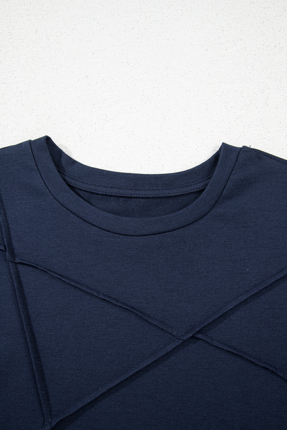 Dirty blue Solid Color Toothpick Stripe Round Neck T Shirt