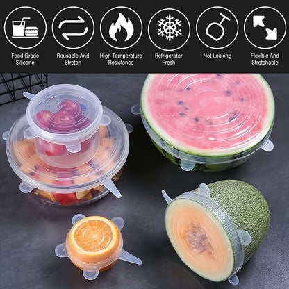 6pcs Silicone Stretch Lids - Reusable & Washable Bowl Covers, Fits Various Sizes of Food Containers, Kitchen & Dining Essentials