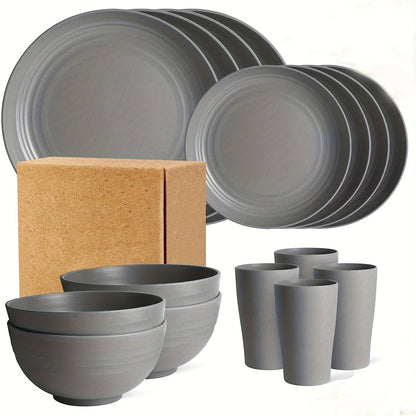 Premium Family Outdoor Dinnerware Set - 16 Unbreakable Pieces, Microwave - and Dishwasher - Safe, Black Set with 8 Plates, 4 Bowls and 4 Cups