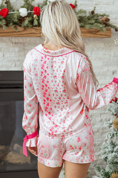 Pink Mixed Floral Print Contrast Piping Trim Satin Tie 2pcs Pajama Set