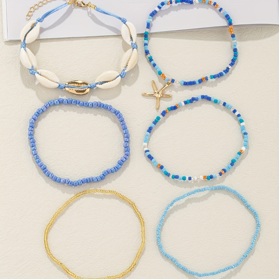 6pcs Set Unisex Glass Bead Anklets with Faux Shell & Starfish Pendants, Random Size & Quantity, Simple Vacation Style, Summer Beach Foot Jewelry for Daily & Holiday Wear