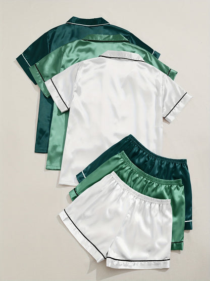 3 Sets Satin Pajama Set, Short Sleeve Lapel Top & Elastic Waistband Shorts, Women's Sleepwear & Loungewear