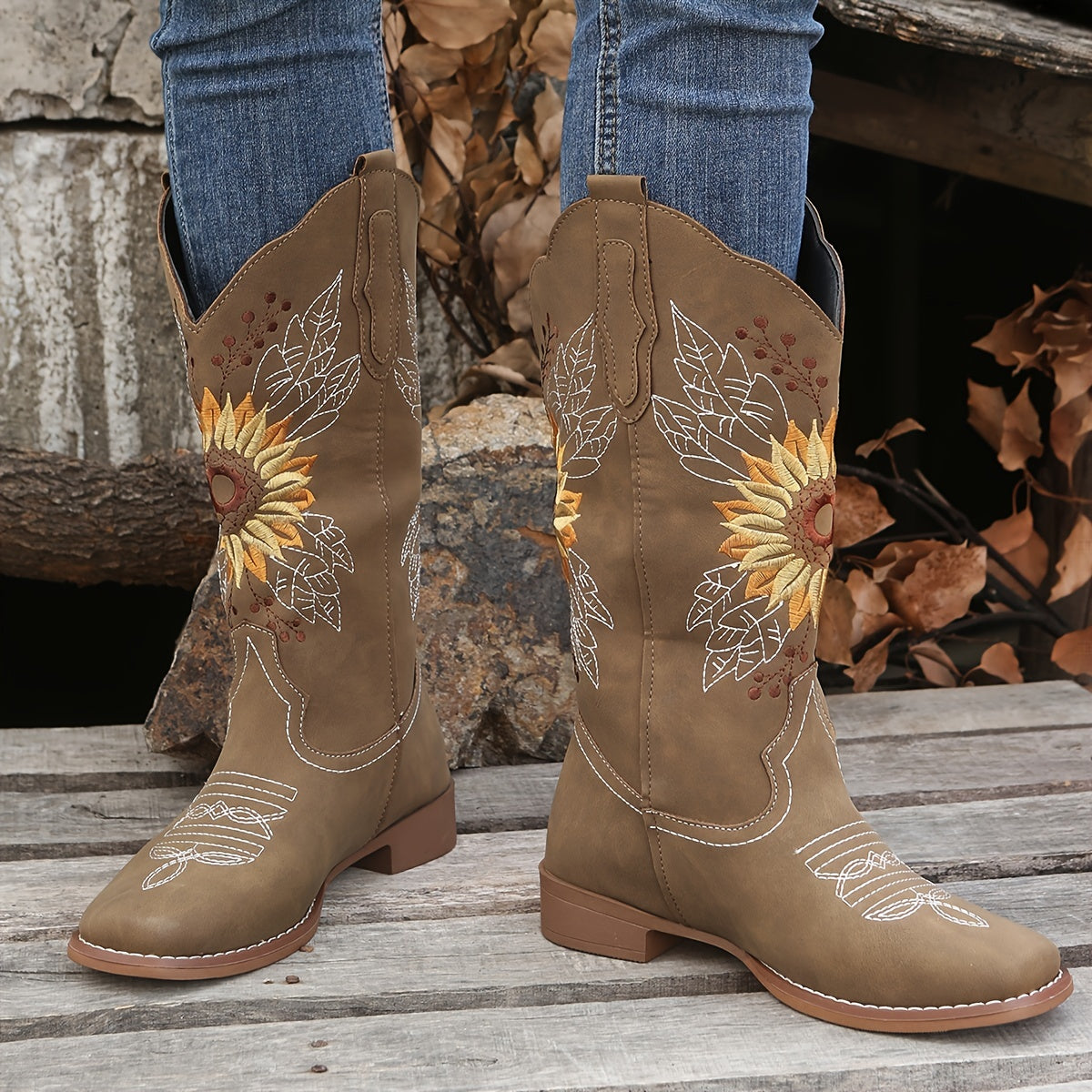 Women's Embroidered Mid Calf Western Boots, Faux Leather Fashion Boots, Women's Footwear