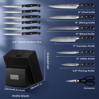 Knife Set, 14PCS German Stainless Steel Kitchen Knives Block Set With Built-in Sharpener, Black