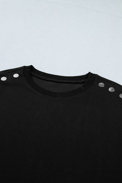 Black Casual Solid Short Sleeve Top with Metal Button Details Key Features