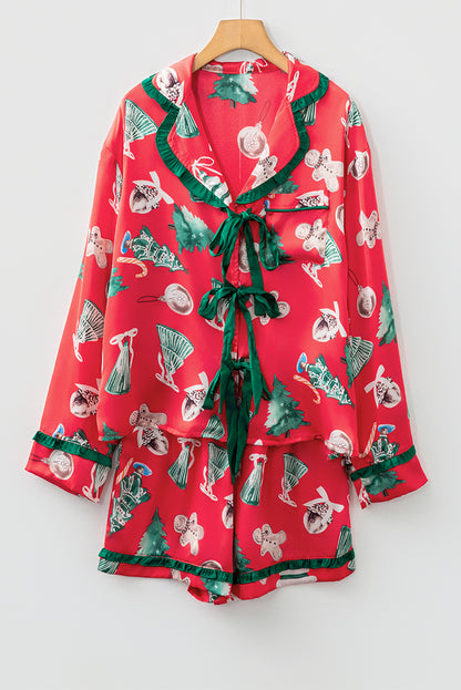 Red Christmas Fashion Print Contrast Ruffle Trim Ribbon Bow Knot 2pcs Pajama Set