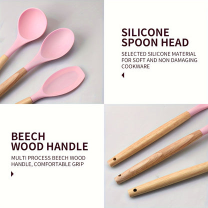19-Piece Silicone Kitchen Utensil Set With Knife And Cutting Board, Storage Bucket, Set, Wooden Handles, Heat Resistant, Non-Stick Cooking Tools - Perfect Kitchen Gadgets For Easy Cooking And Cleaning, The Perfect Holiday Gif