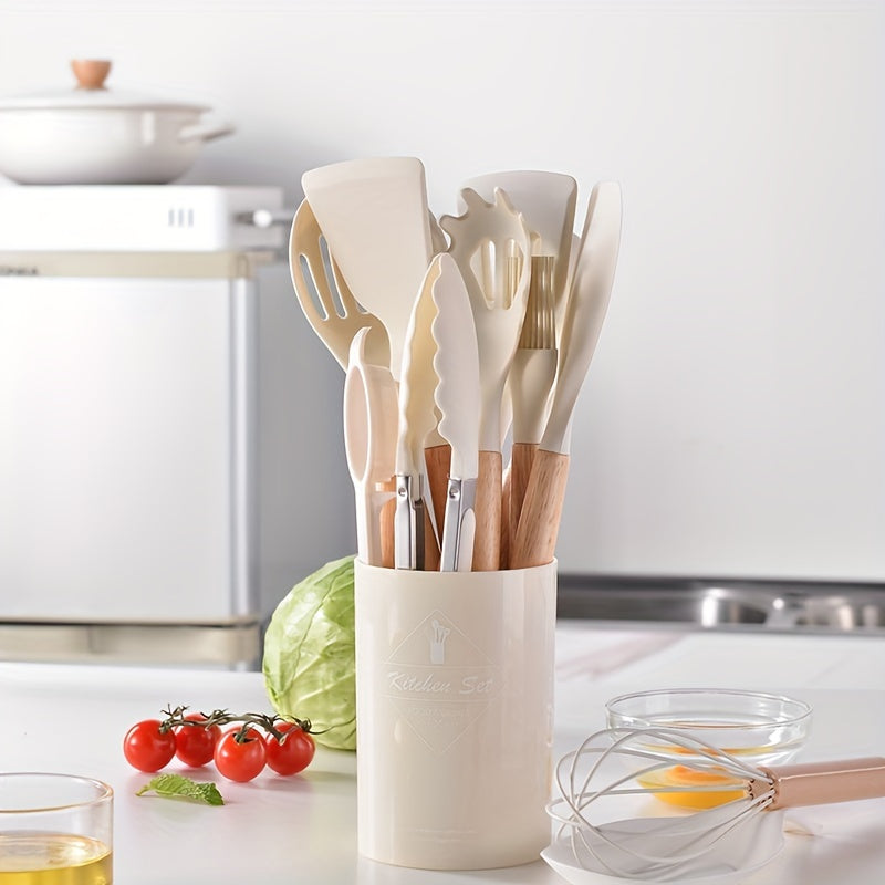 12/14pcs/set Premium Wooden Handle Silicone Kitchenware Set - Heat-Resistant, Non-Stick, Easy-to-Clean Cooking Tools for Baking, Cooking, and Serving - Durable, Versatile, and Space-Saving Kitchen Essentials
