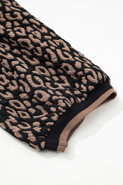 Black Leopard Print Puffy Bracelet Sleeve Contrast Trim Round Neck Top
